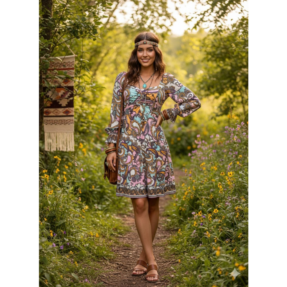 Hale Bob Dress XS Paisley Tiered Mini Long Sleeve Boho